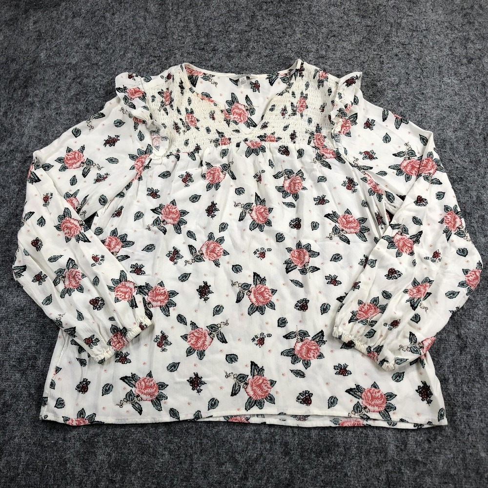 Lucky Brand Blouse Womens L White Floral Smocked Ruffle Tunic Boho Top
